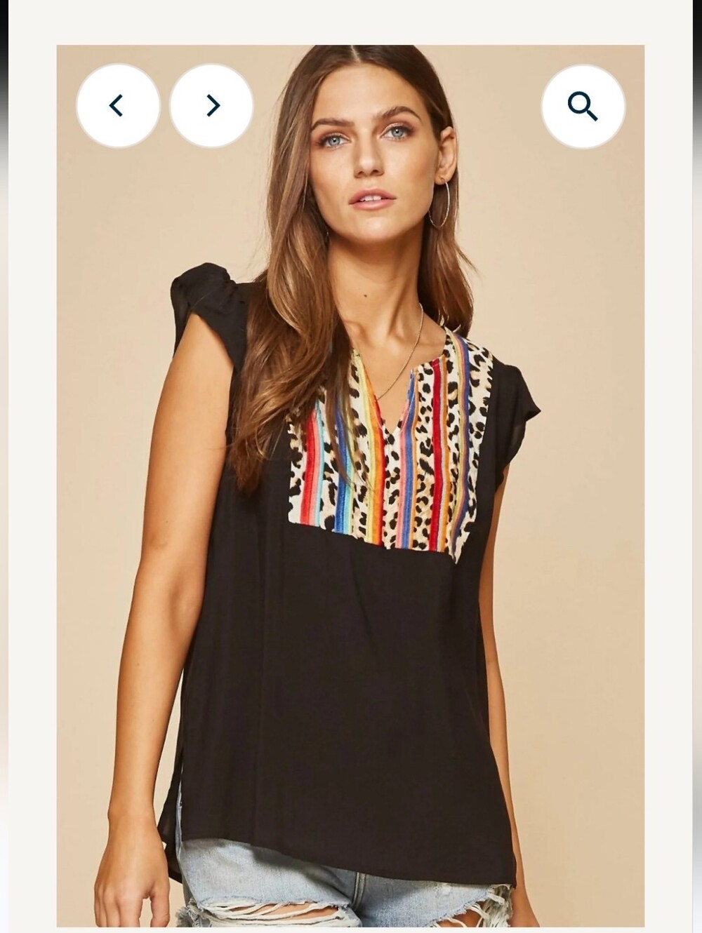 Savanna Jane  Leopard And Serape Embroidered Yoke Rayon Top- Medium